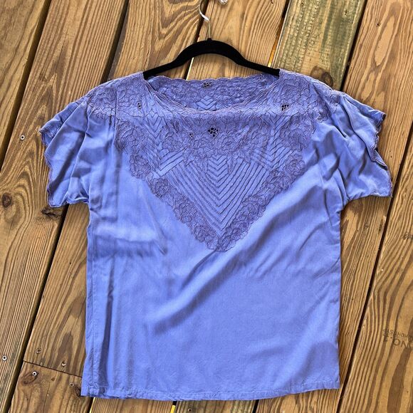 Vintage 1980s Silky Line Purple Embroidered Top Blouse - Rayon - Women's Small - Picture 1 of 6